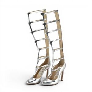 Jimmy Choo Dundee 5.5/36 Tall Caged Metallic Silver Leather Gladiator Heels EUC